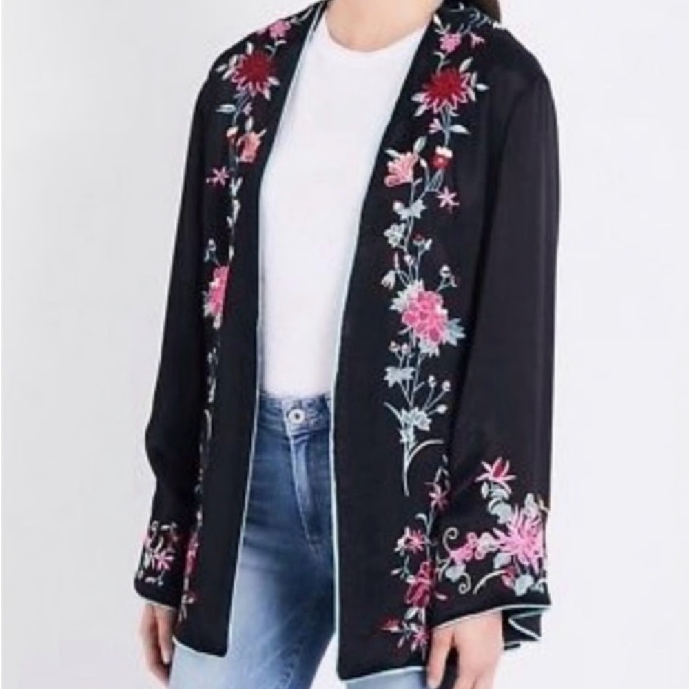 Free People Satin Embroidered Flower Kimono